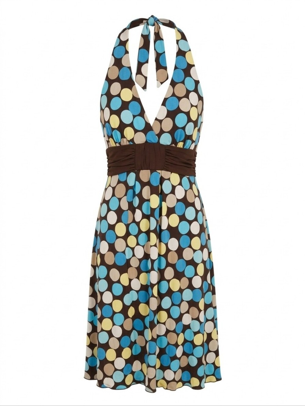 Vintage Polka Dot Halter Sundress in Black with Blue, Yellow, and White Dots